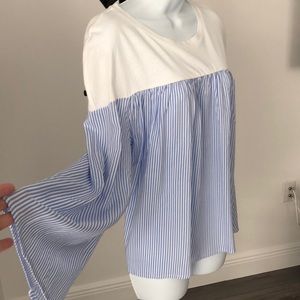 blue and white pinstripe blousy top